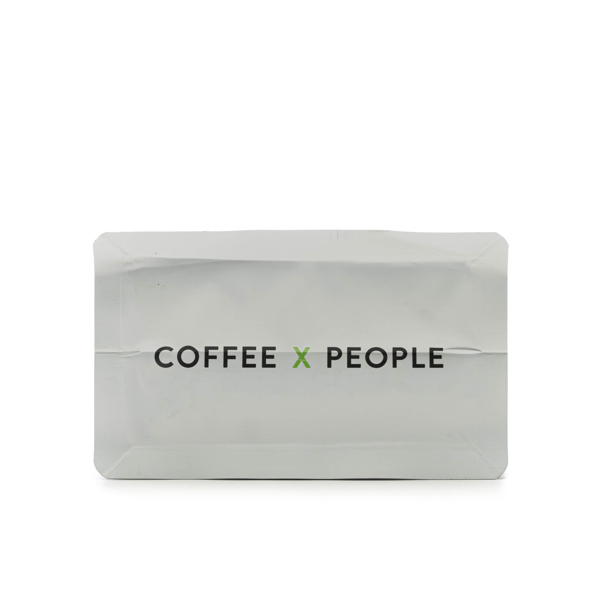 This image shows the bottom of our Single Origin Rwanda Coffee Bag, which reads “ coffee x people,” serving as a reminder of our mission to connect people over coffee.