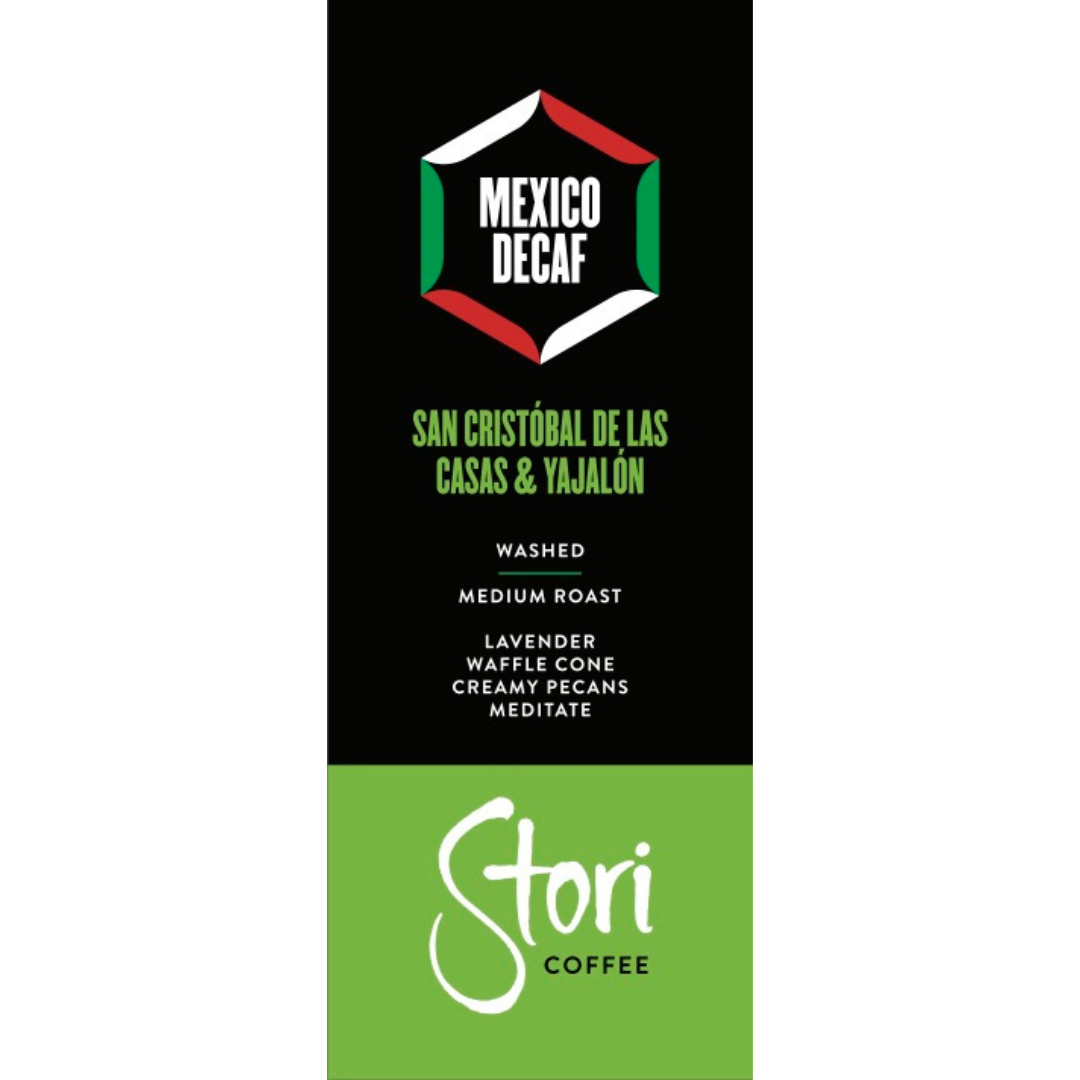 This is an image of the label of our Single Origin Decaf Mexico coffee. It notes that this coffee is a washed, medium roast, with flavor notes of lavender, waffle cone, and creamy pecans.  