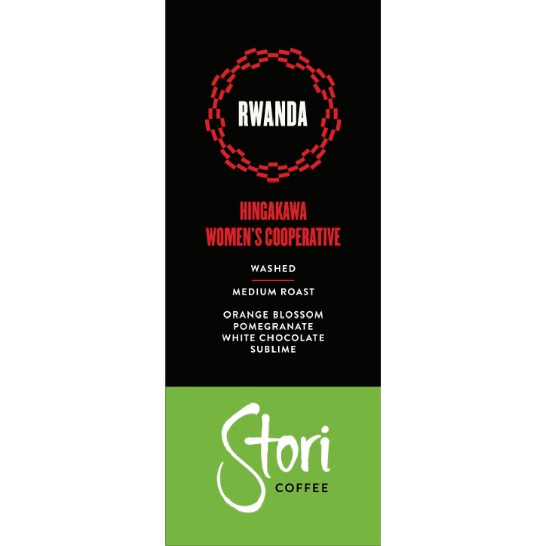 This is an image of the label of our Rwanda Hingakawa Single-Origin Terroir Whole Bean coffee. It notes that this coffee is a washed, medium roast, with flavor notes of orange blossom, pomegranate, and white chocolate. It notes the experience of drinking this coffee is sublime.. 