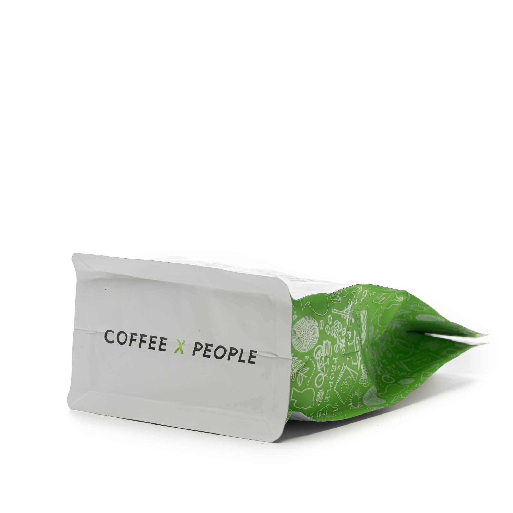 This image shows the bottom of our Single Origin Rwanda Coffee Bag, which reads “ coffee x people,” serving as a reminder of our mission to connect people over coffee.