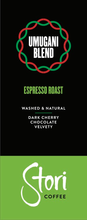 This is an image of the label of our Umugani Espresso Roast coffee. It notes that this is a washed, natural process coffee with dark cherry and chocolate flavor notes. 
